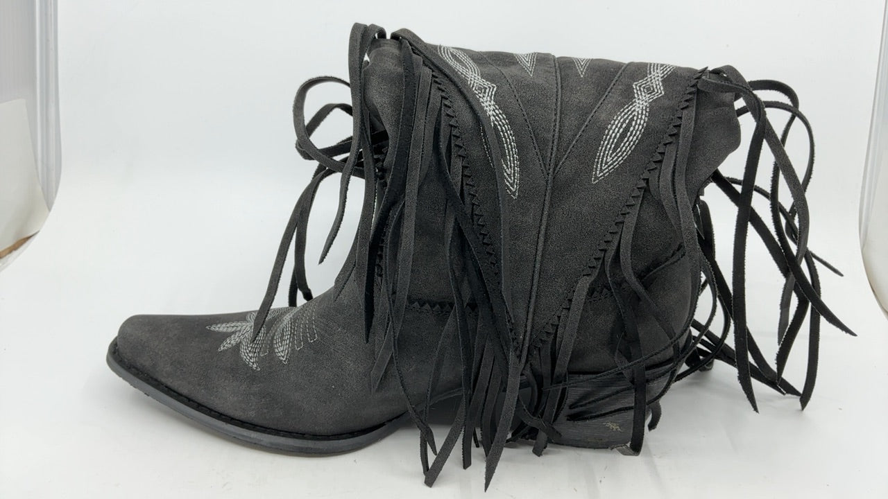Grakihily Cowgirl Boots for Women Retro Pointed Toe Pull On Block Chunky Heel Embroide Tassel Country Concert Outfits Mid Calf Western Fringe Cowboy Boots,Black Suede Size 9.5 - Image 2