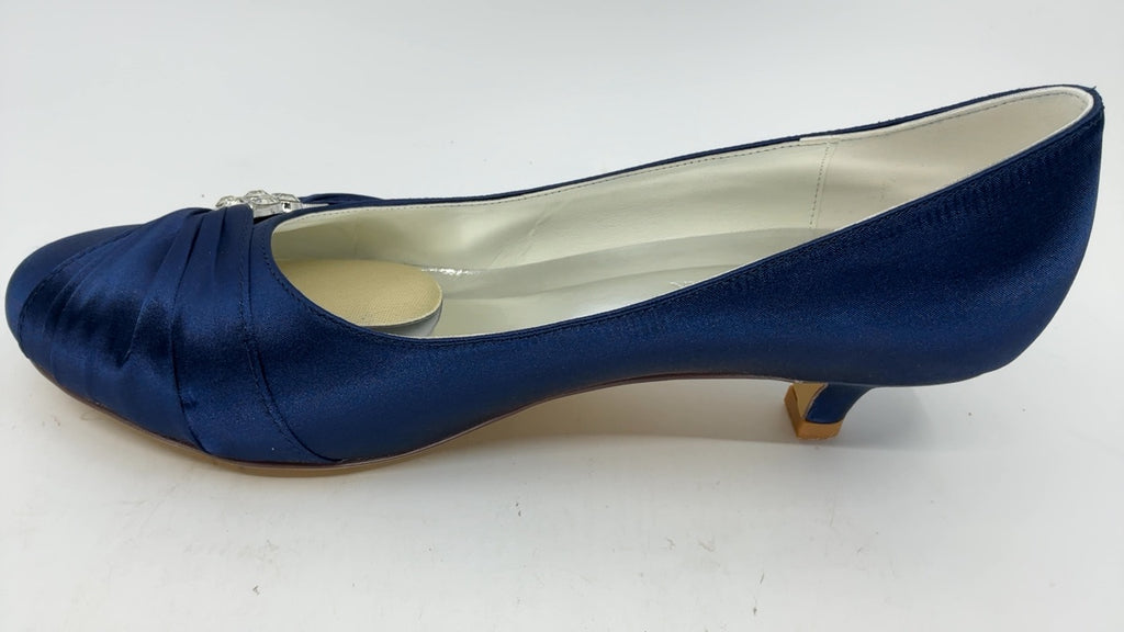 ELEGANTPARK EP2006L Wedding Shoes for Bride Closed Toe Heels for Women Comfortable Low Heel Bridal Shoes Rhinestones Satin Prom Evening Dress Pumps Navy Blue US 10 - Image 2