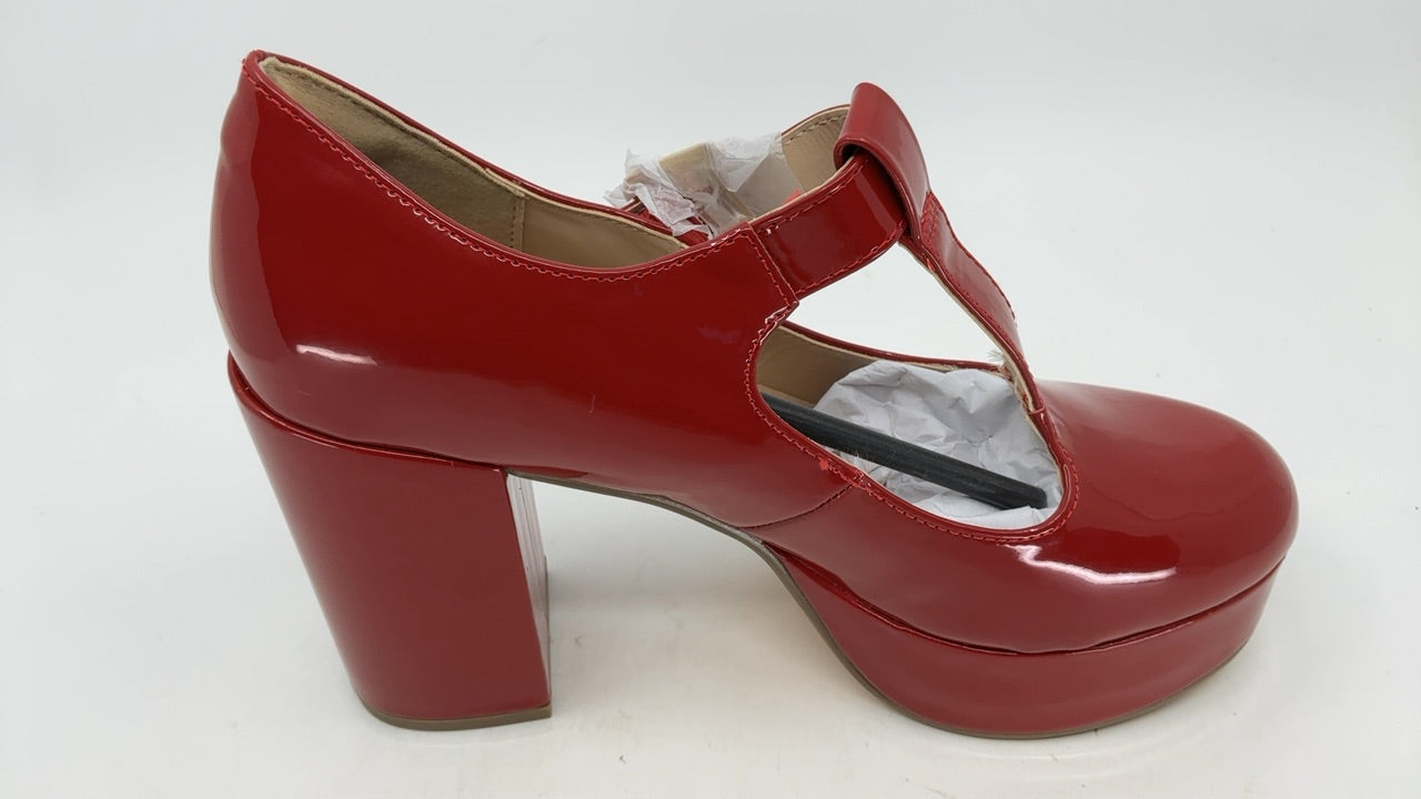 Coutgo Wine Red Platform Heels for Women T-Strap Patent Chunky Heel Mary Jane Shoes - Image 3