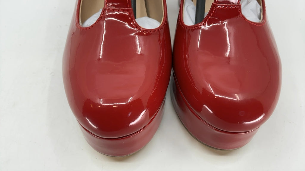 Coutgo Wine Red Platform Heels for Women T-Strap Patent Chunky Heel Mary Jane Shoes - Image 5