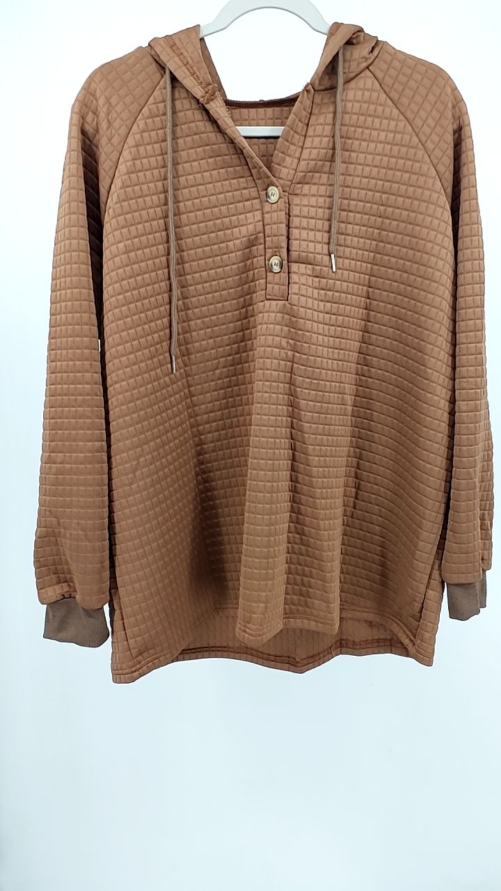 Full Size Texture Button Detail Drawstring Long Sleeve Hoodie