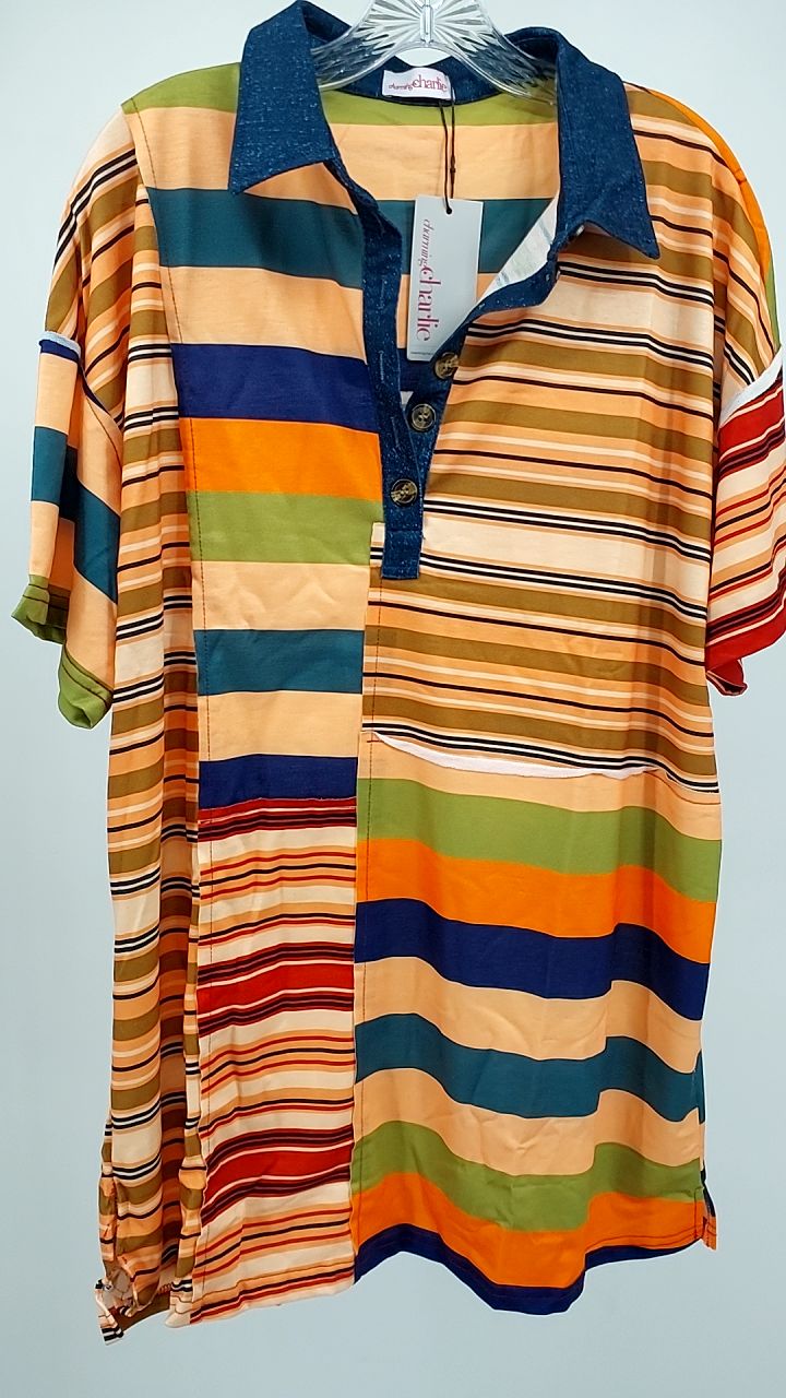Striped Oversized Half Button Shirt Dress