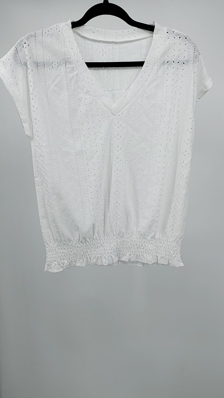 Eyelet V-Neck Short Sleeve Blouse