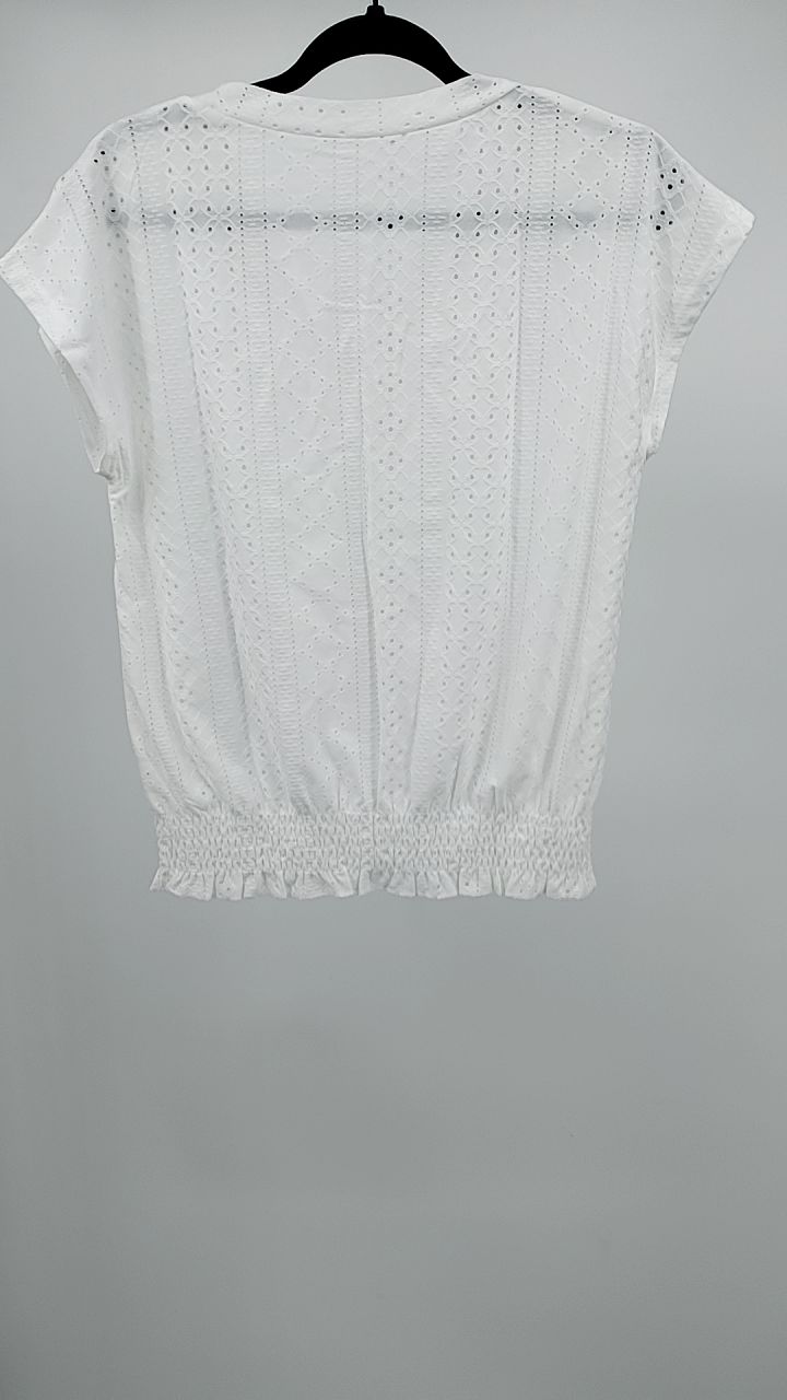 Eyelet V-Neck Short Sleeve Blouse