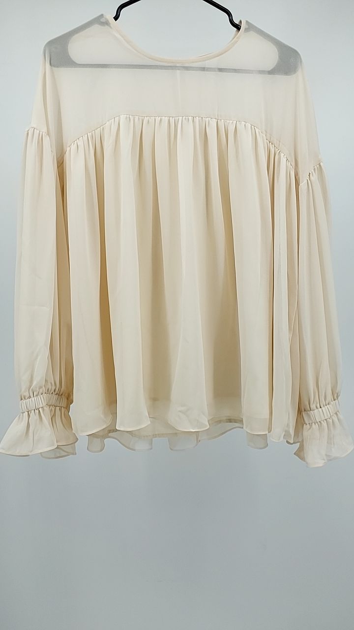 Solid Chiffon Pleated Ruffle Long Sleeve Blouse