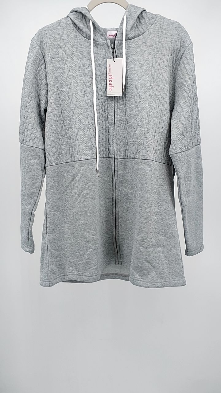 Drawstring Textured Zip Up Drawstring Hooded Jacket
