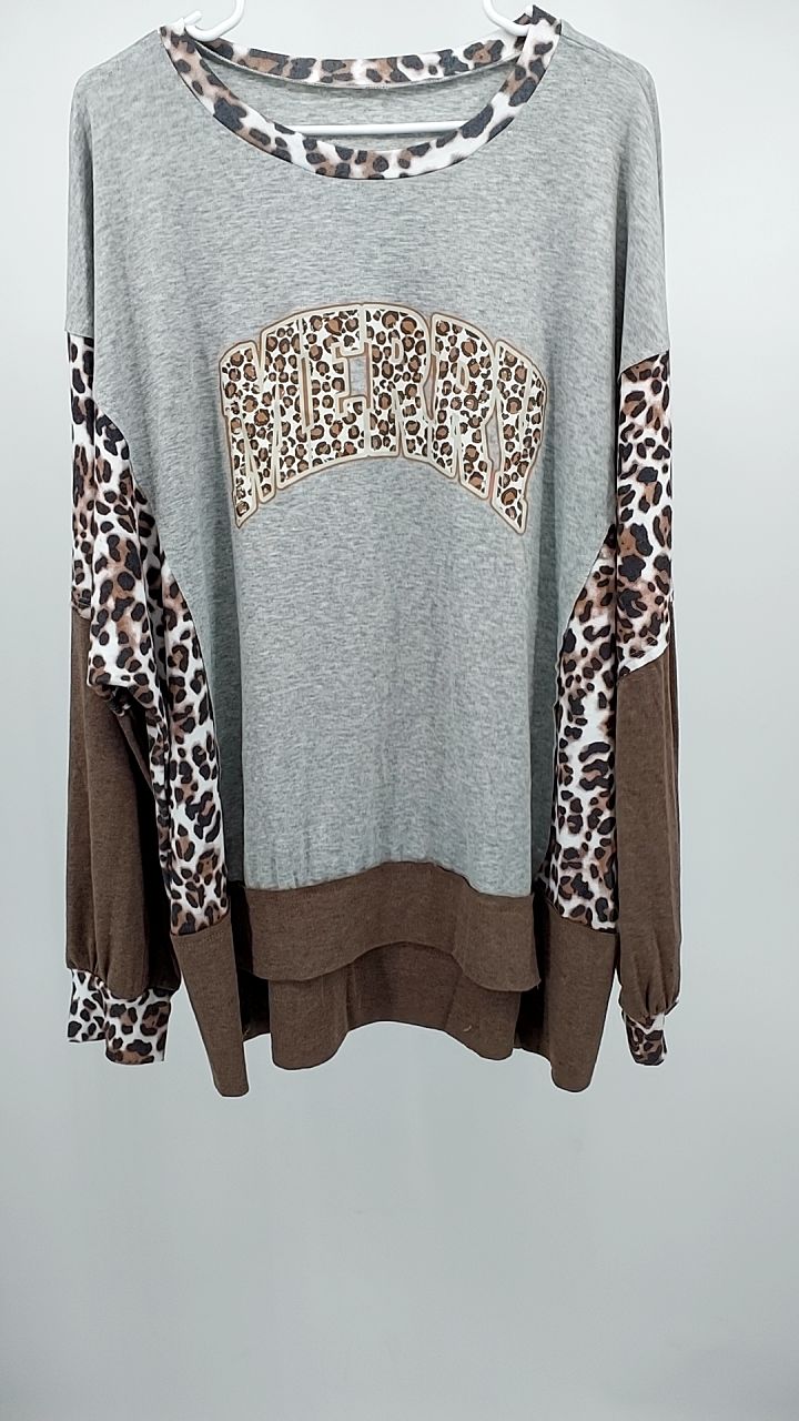 Color Block Leopard Contrast Letter Graphic Christmas Sweatshirt