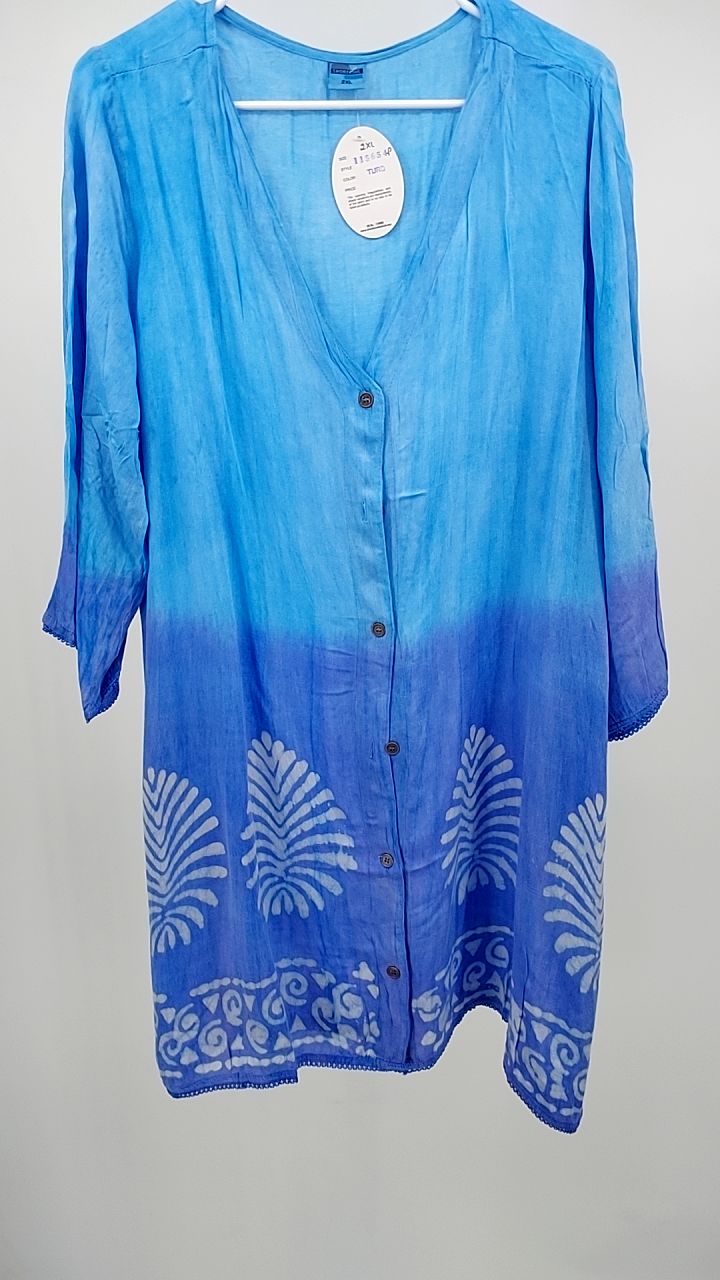 Three quarters Sleeve V-Neck Button Down Block Print Shirt