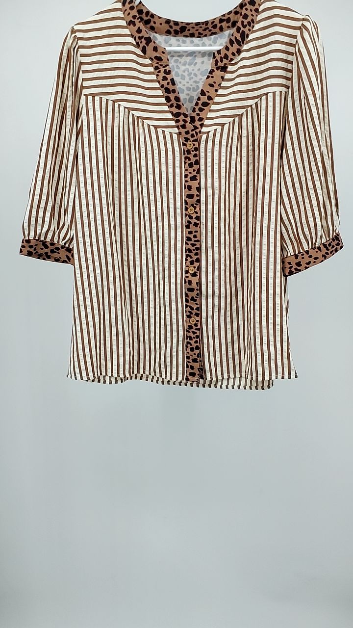 Striped Leopard Trim Button-Down Shirt