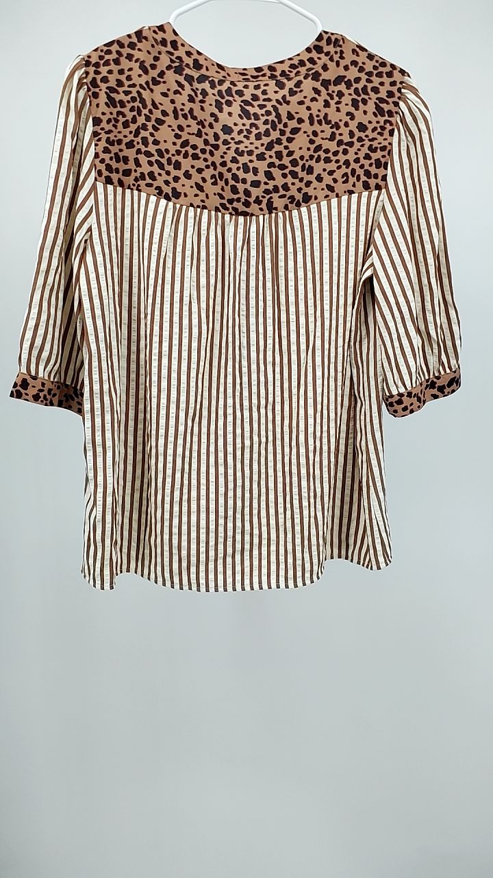 Striped Leopard Trim Button-Down Shirt