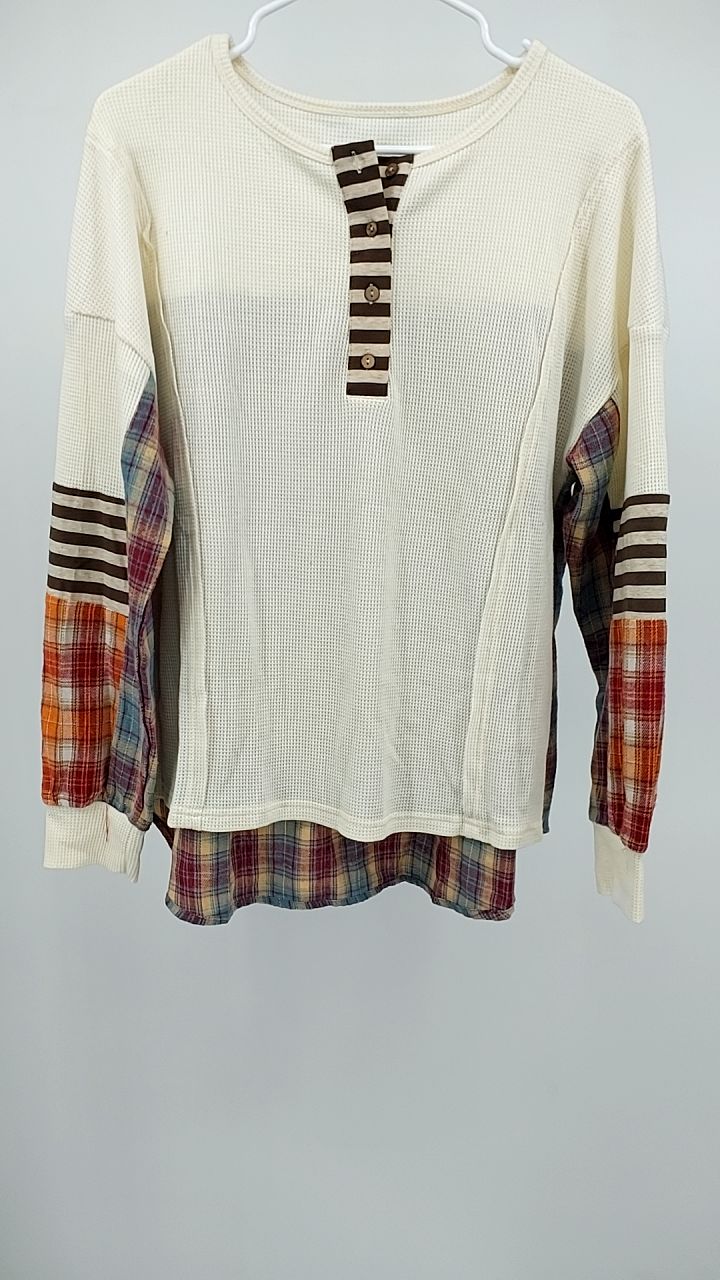 Waffle Knit Plaid Patchwork Long Sleeve Blouse