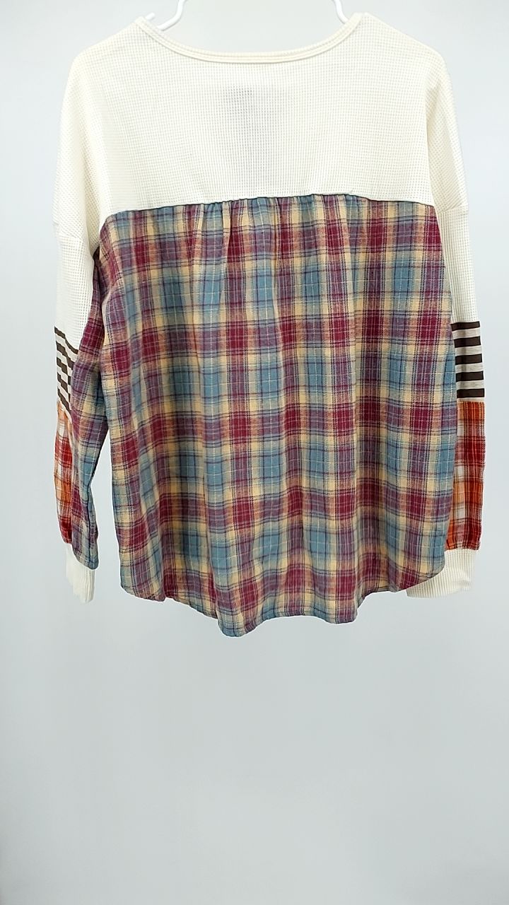 Waffle Knit Plaid Patchwork Long Sleeve Blouse