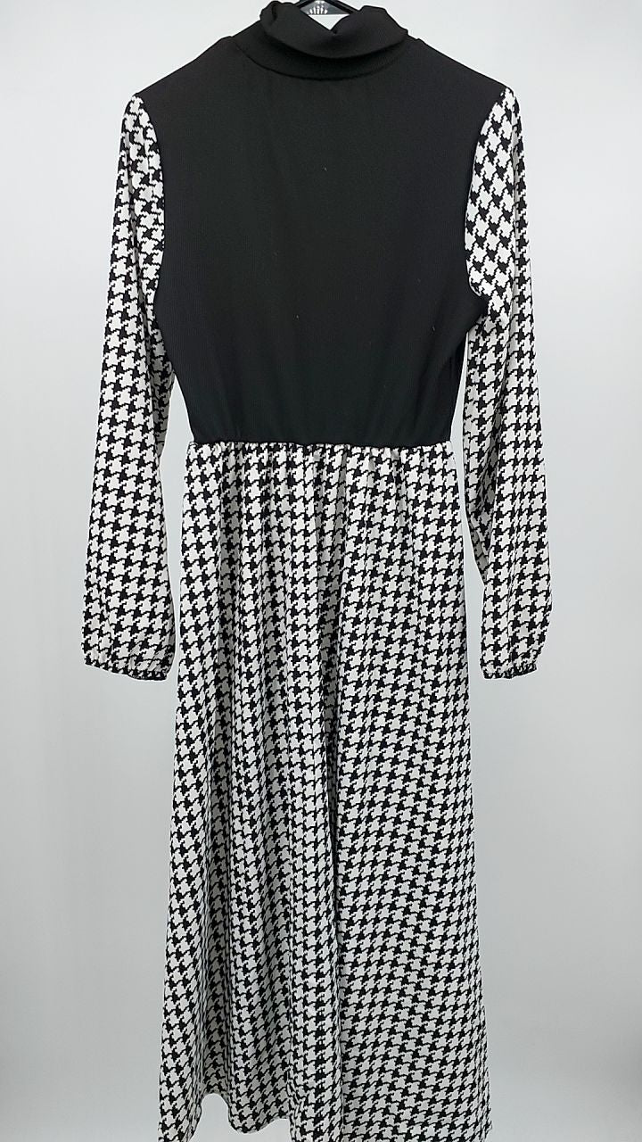 Houndstooth Mock Neck A-Line Dress