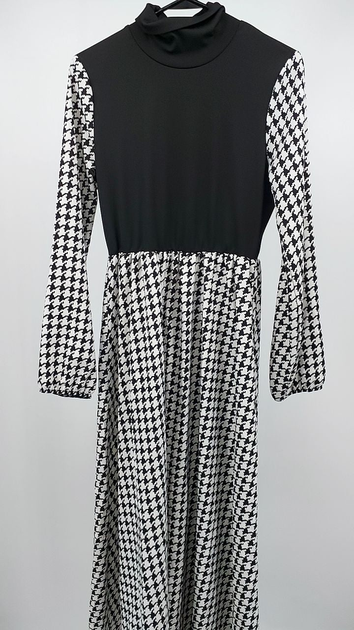 Houndstooth Mock Neck A-Line Dress