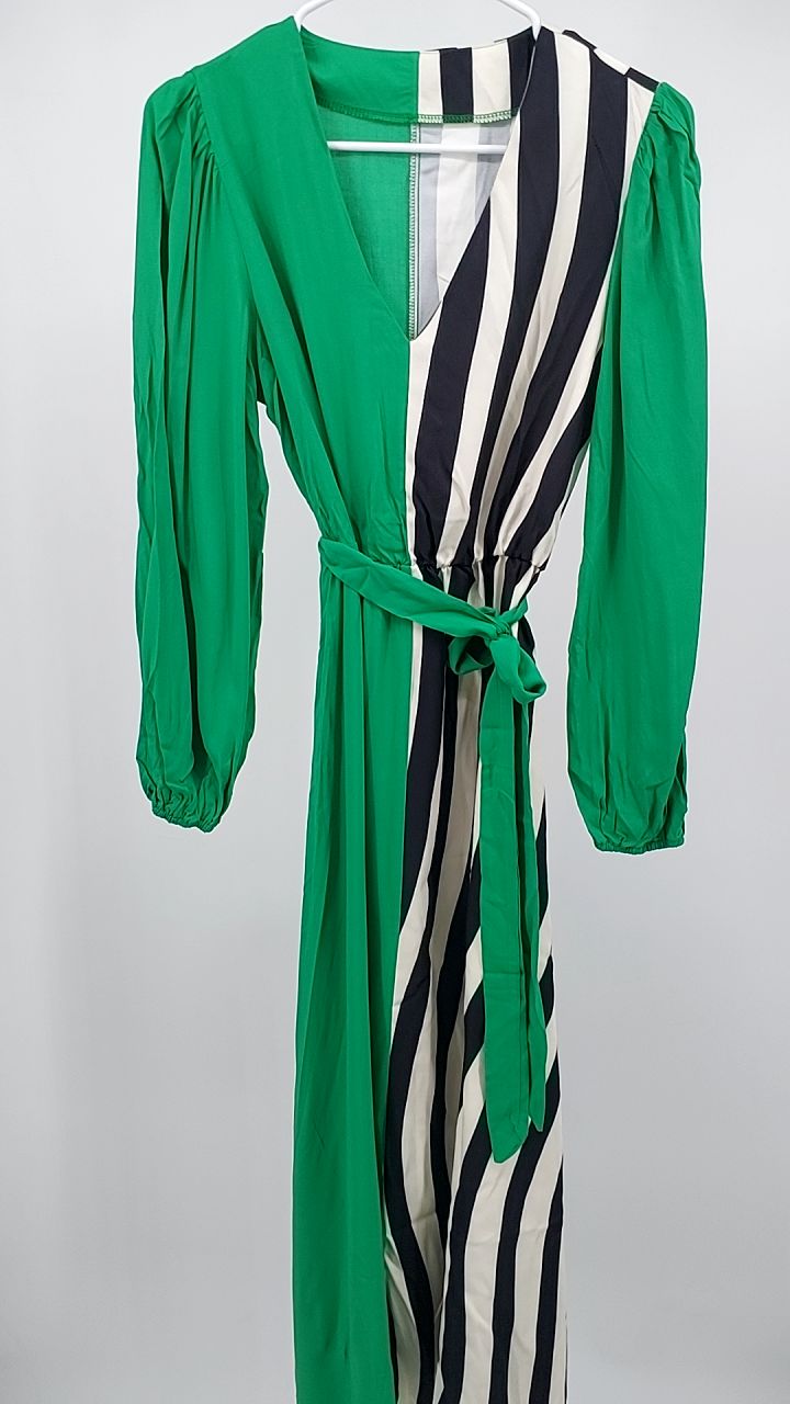 Color Block Striped Long Sleeve Midi Dress