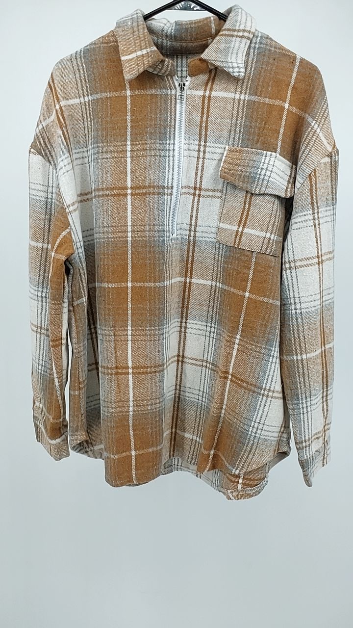 Plaid Collared Neck Half Zip Long Sleeve Top
