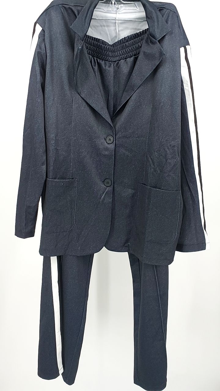 Full Size Contrast Lapel Collar Top and Pants Set